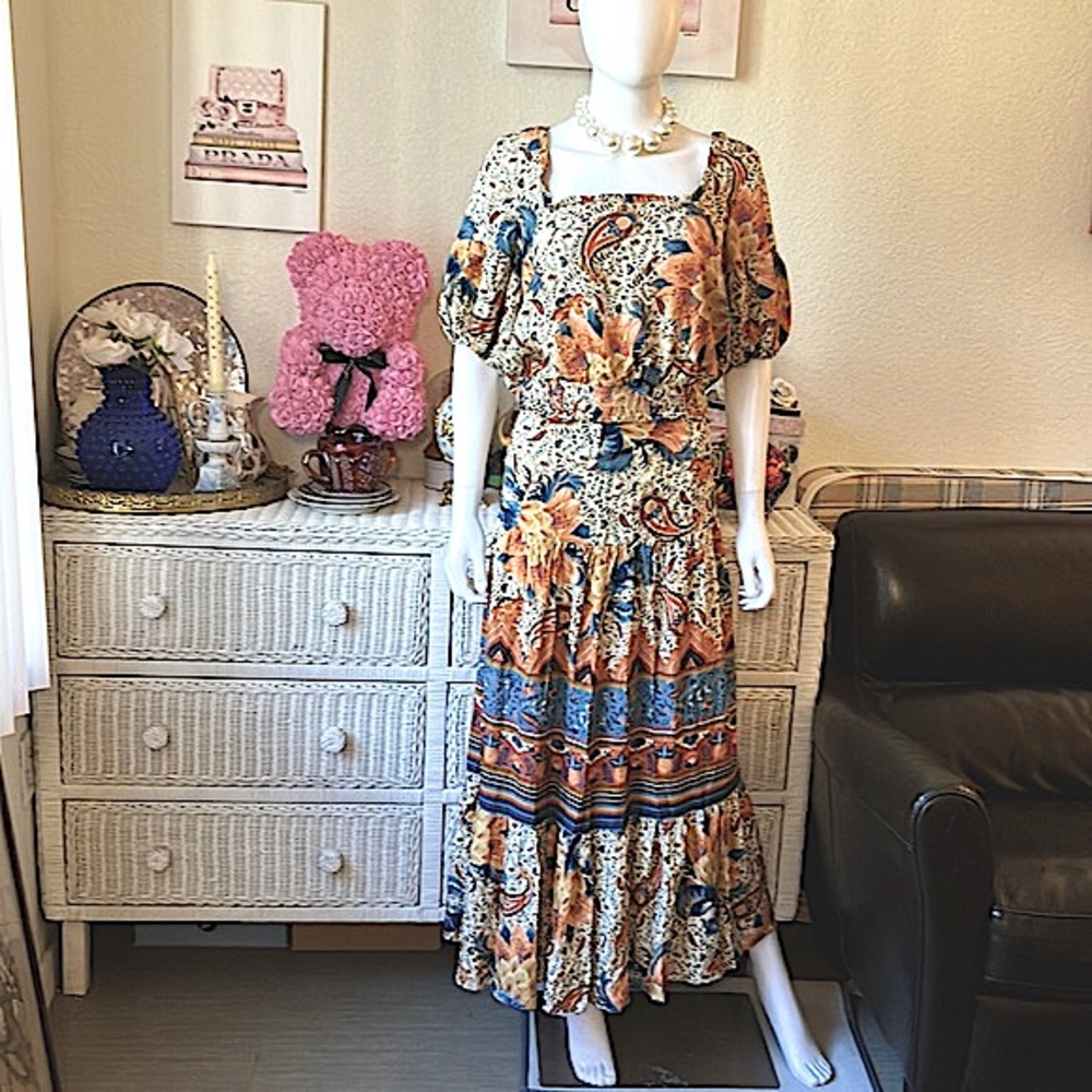 Farm Rio Bambina two piece maxi Ruffled floral dress cream & blue print size M